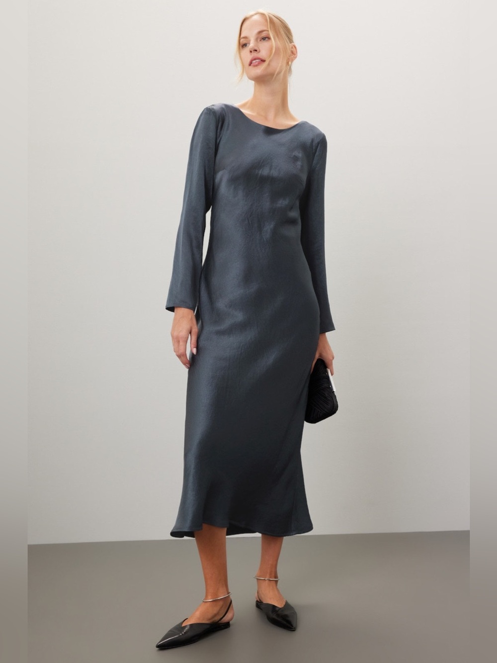 Elegant Long-Sleeve Satin Midi Dress in Charcoal